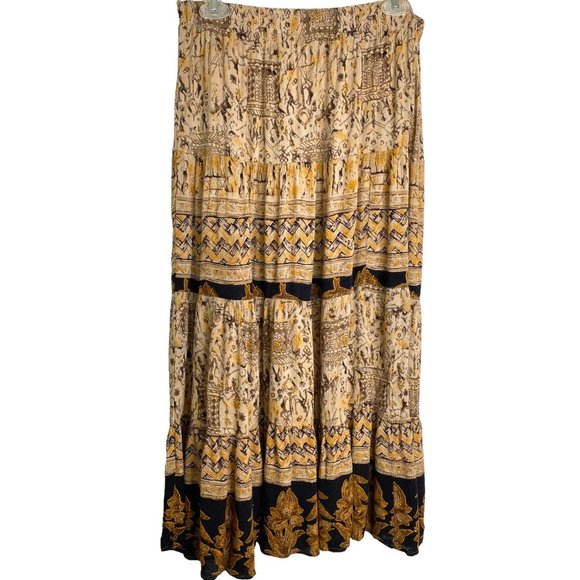 First Option Vintage Beige and Brown Elastic Waist Boho Western Skirt Size L - Picture 1 of 8